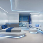 Futuristic hotel room with night city view and smart control equipments.